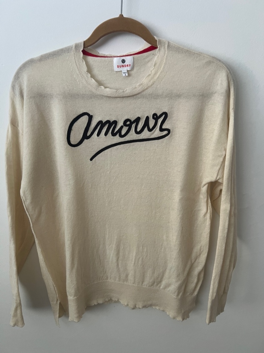 Sundry Cream Crewneck Sweater with Black 'Amour' Script